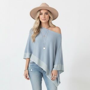 Silk Cashmere CLAUDIA NICHOLE Asymmetrical Pastel Blue Dress Topper Poncho O/S